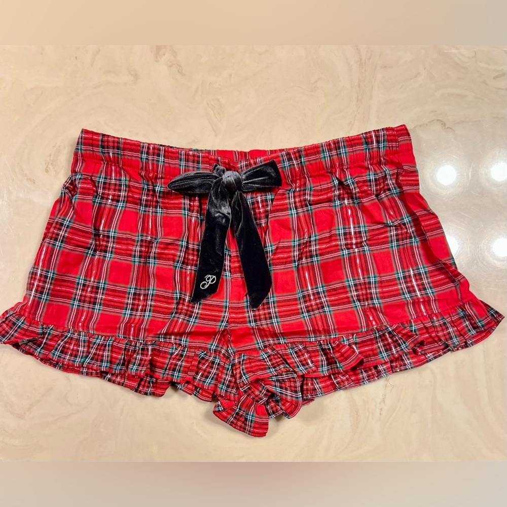 PINK VICTORIA’S SECRET Flannel Pajama Shorts Red Green Plaid Ruffle Preppy XL